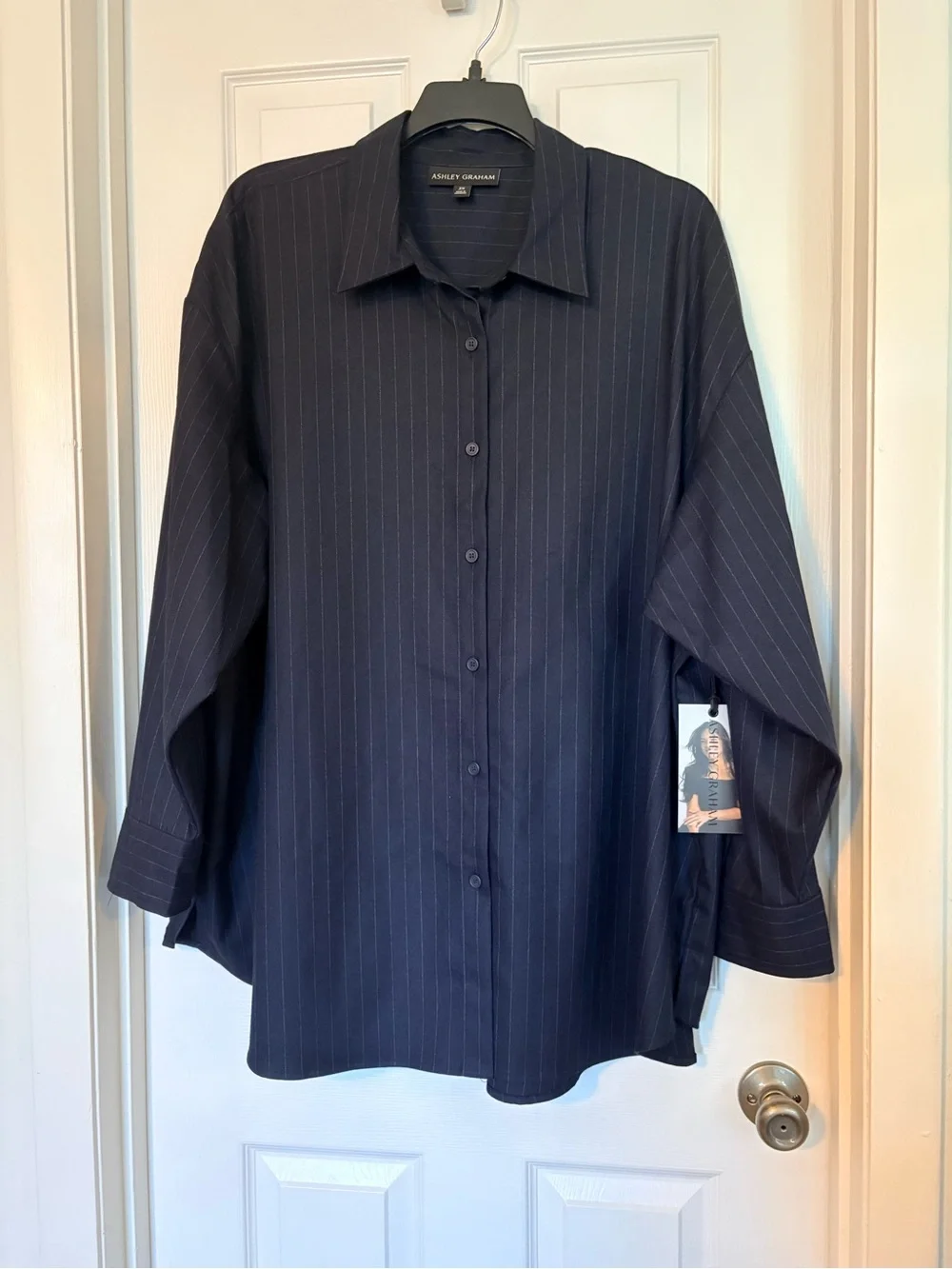 NWT Ashley Graham Navy Pinstripe Oversized Button Down Shirt - Picture 6 of 16
